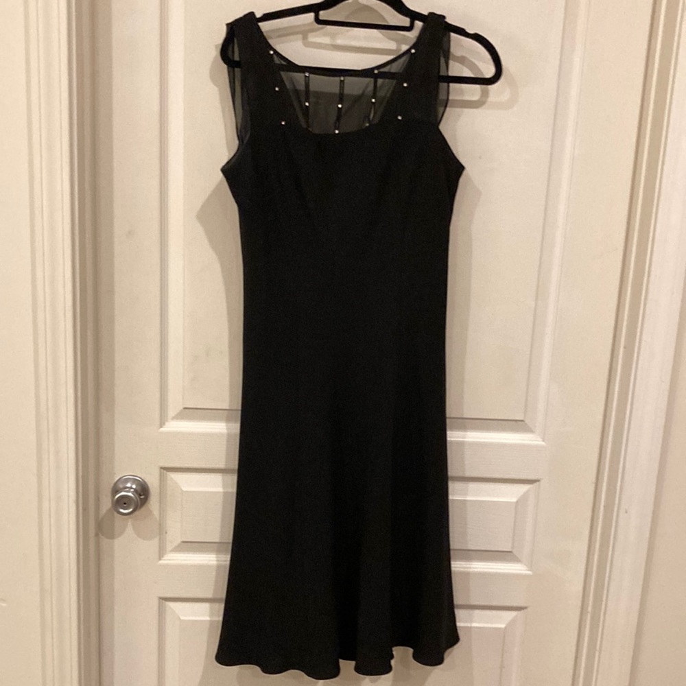 Rena Rowan studded sheer collar drape back black party or holiday dress